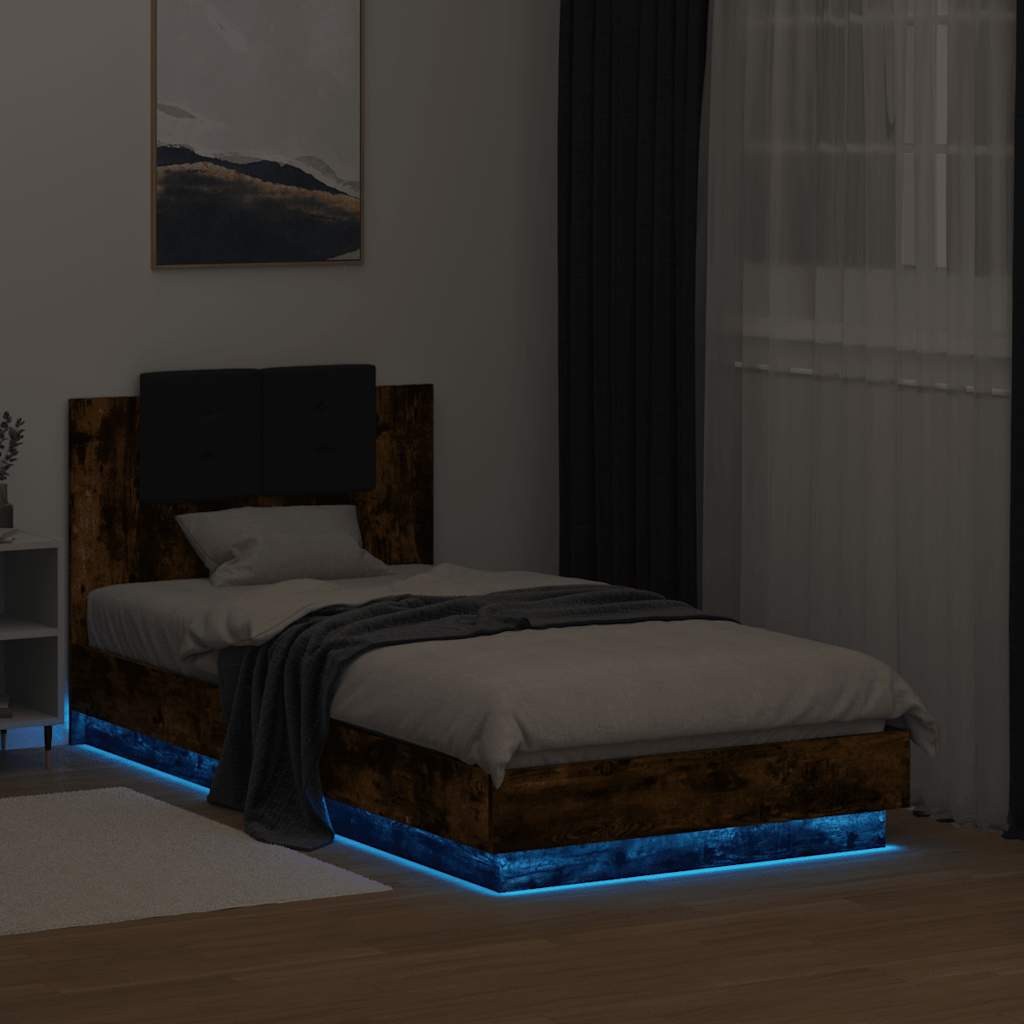 Bed Frame with Headboard and LED Lights Smoked Oak 90x190 Cm