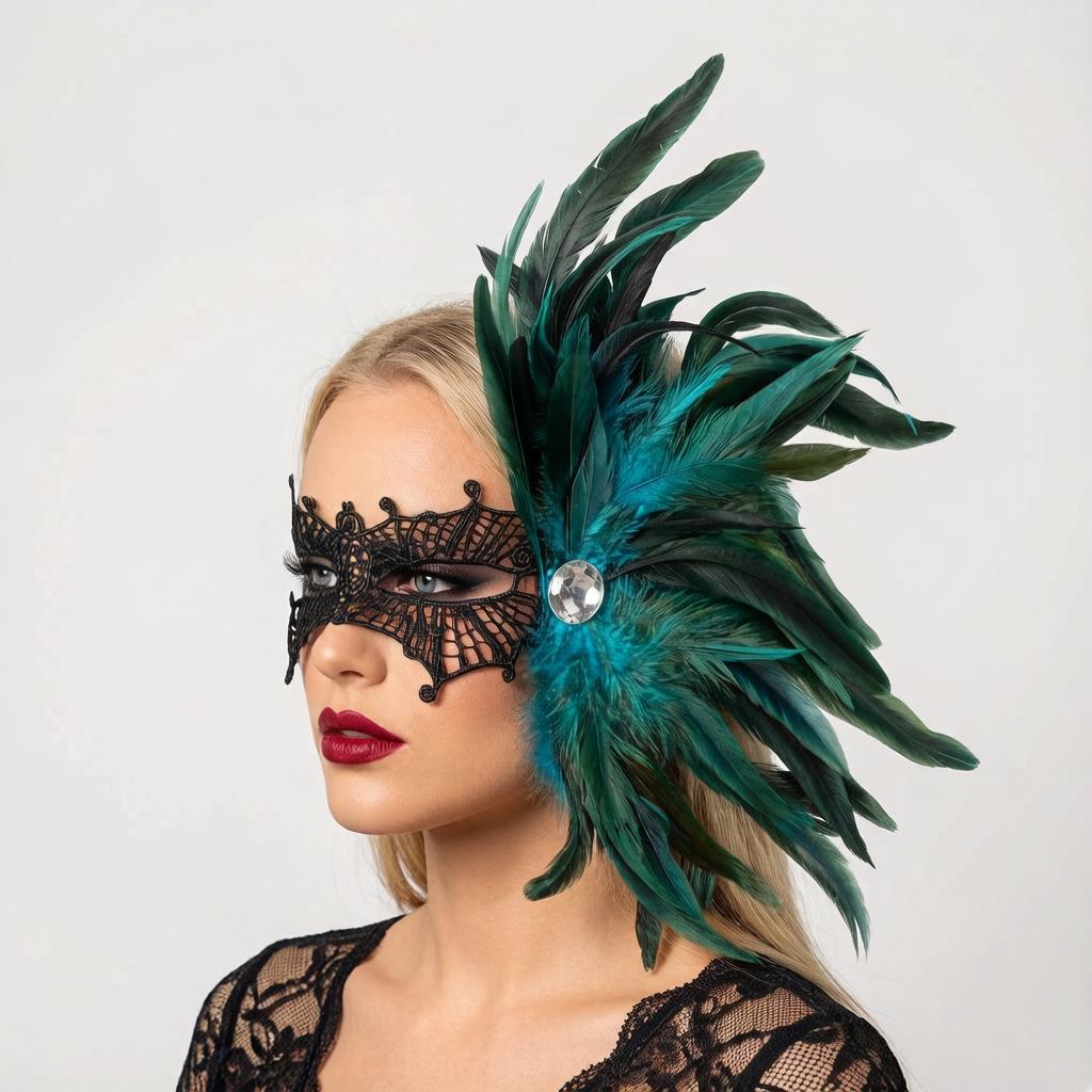 Feather Side Headpiece with Lace Eye Mask for Carnival Parade Masquerade Ball Mardi Gras Party Samba Dance Costume Outfit