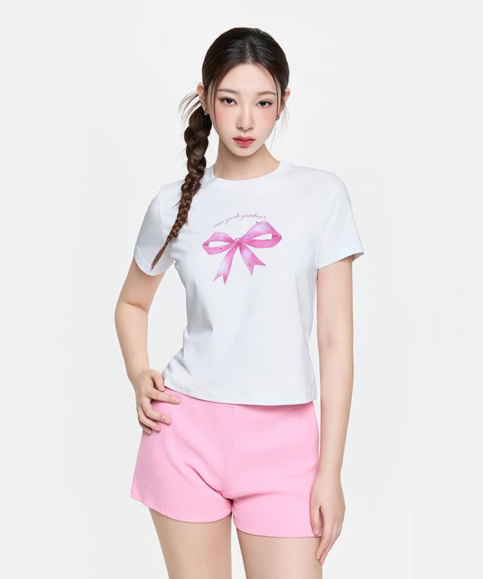 Emelbi Women'S Ribbon Graphic Slim Semi-Crop Short Sleeve T-Shirt Ny (White)