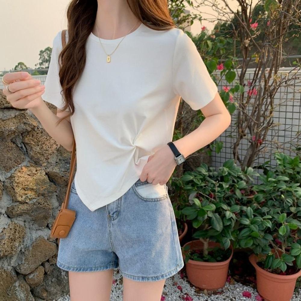 

Round Neck Women s Solid T-shirt Irregular Hem Pure Short Sleeved Top Retro Daily