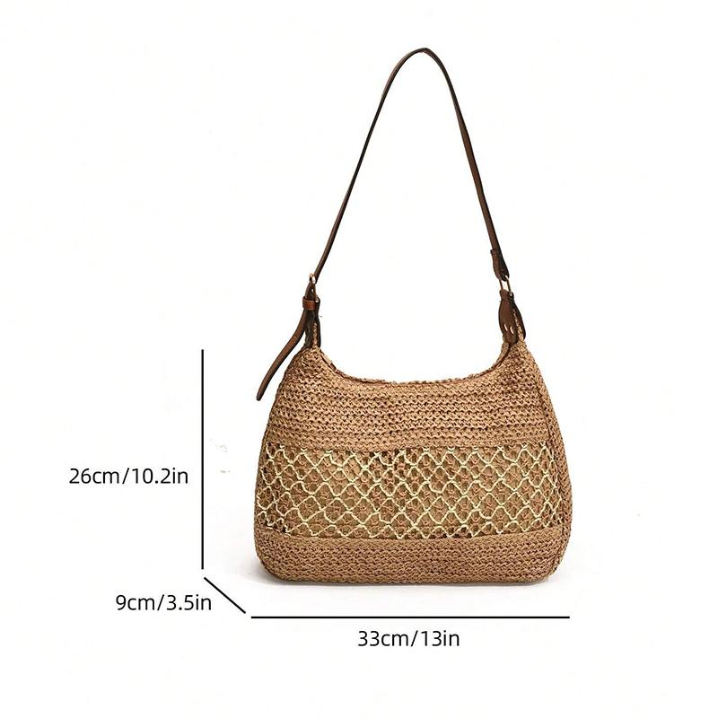 Yogodlns Summer Straw Weaving Shoulder Bag Large Capacity Crochet Beach Handbag Women Handmade Woven Hollow Out Underarm Knitting Bag