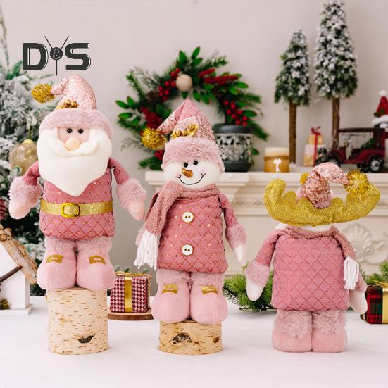 Christmas Plush Doll Telescopic Leg Elk Snowman Santa Claus Pink Doll Toy Desktop Figurine for Indoor/Outdoor Use Party Decor