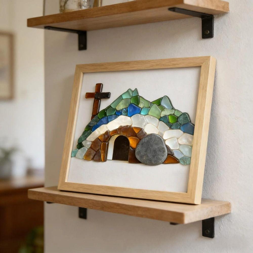 Handmade Risen Empty Tomb Frame Funny Cute Simulation Sea Glass Cross Creative 20cm Resin Cave Crystal Crucifix Festival Gifts