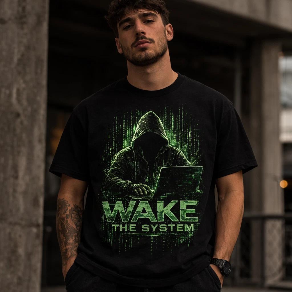 Y2k Retro Hacker T-Shirt Wake The System Tech Programmer Graphic Printed Tee 2XL