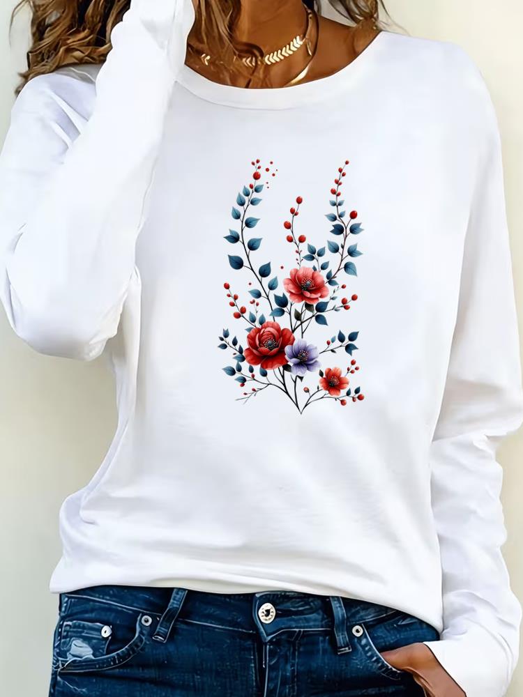 (Asian Size) flower style Clothing Casual  Tee Lady Printed o-neck Long Sleeve T Shirt Women Female Fashion Top Graphic T-shirts