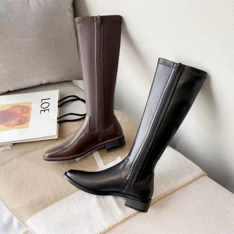 Fashion Winter Women's Long Leather Boots Fashion Solid Color Simple Autumn New Woman Brown Knee High Boots Fashion Leisure Gothic Botas
