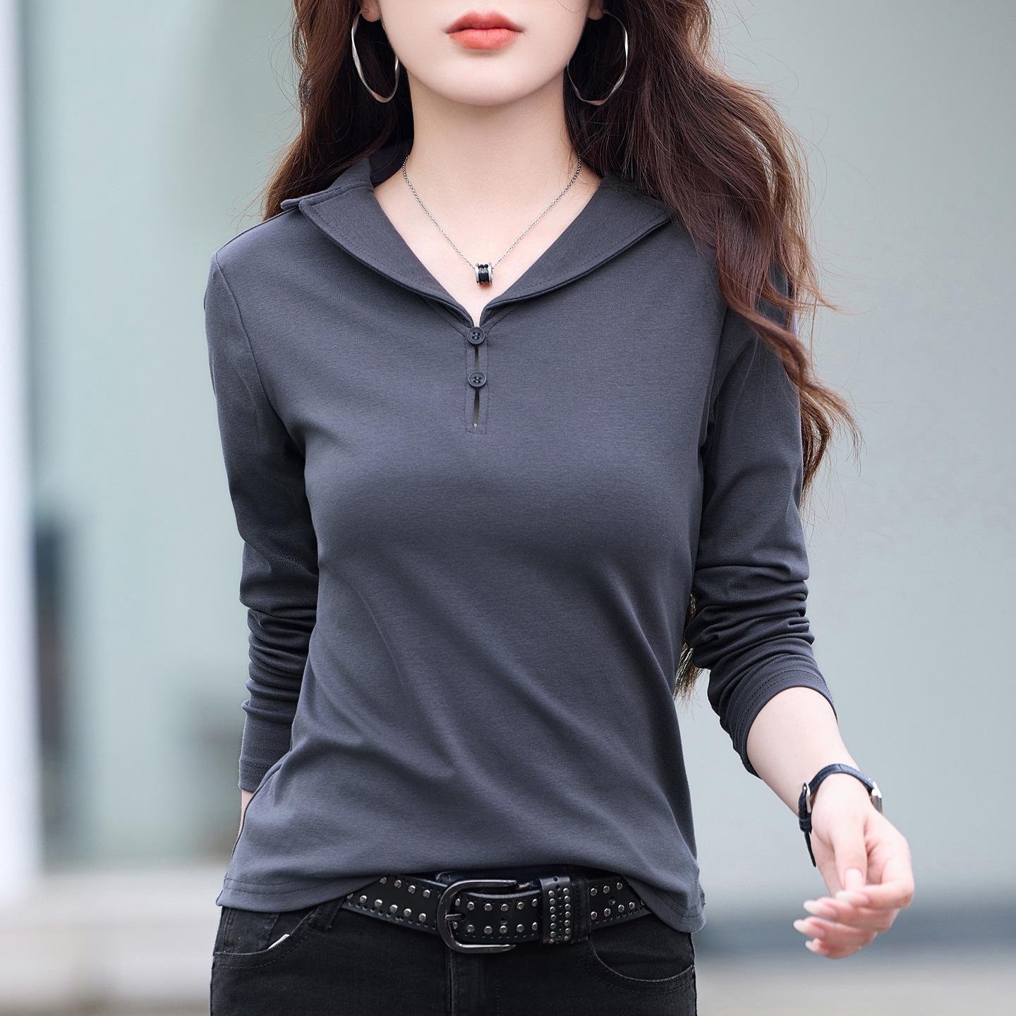 

Женская приталенная футболка с длинным рукавом и отложным воротником - Новая осенняя универсальная модная блузка 2025 L (55-60 kg) темно-серого