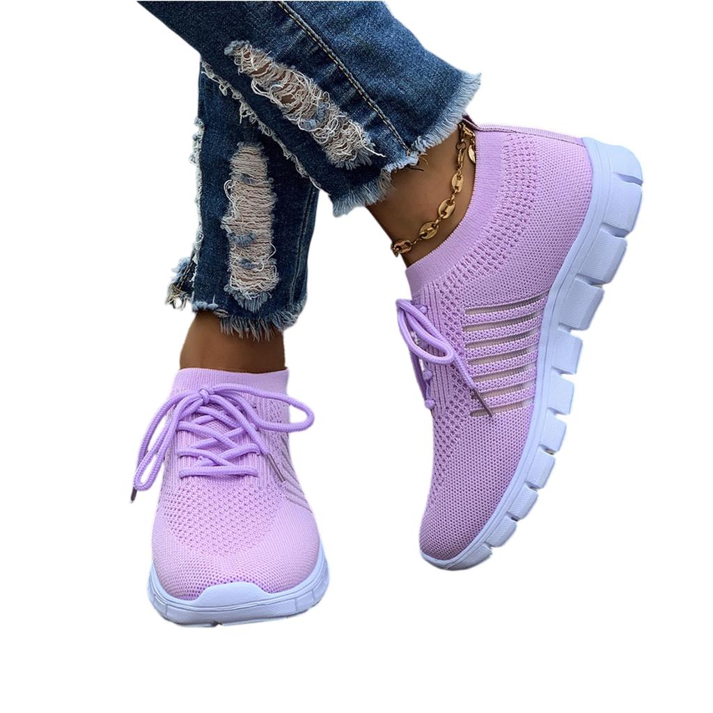 Women's Flyknit Mesh Breathable Athletic Shoes Low Cut Lace Up Platform Sole Casual Sneakers for Everyday Wear