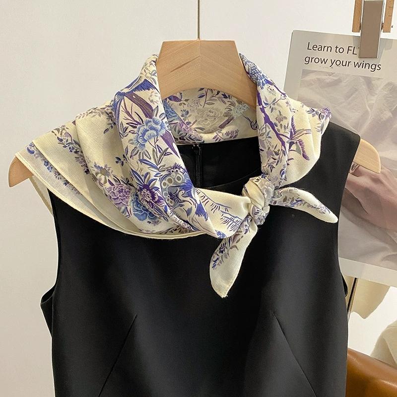 Flower Printed 70Cm Cotton Linen Feeling Headkerchief Women Neck Tie Scarf Female Hair Hand Wrist Foulard Shawl Hijab