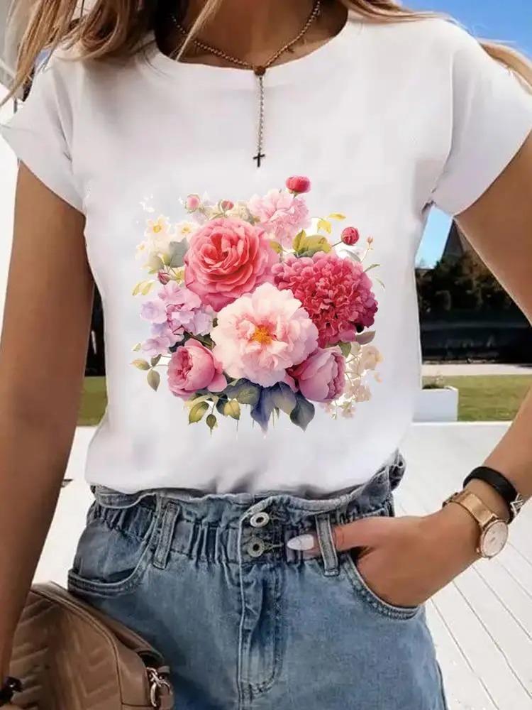 Flower Sweet Trend Cute 90s Tshirt Ladies Fashion Basic Women Graphic Short Sleeve Clothing Tee Top Clothes Print T Shirt
