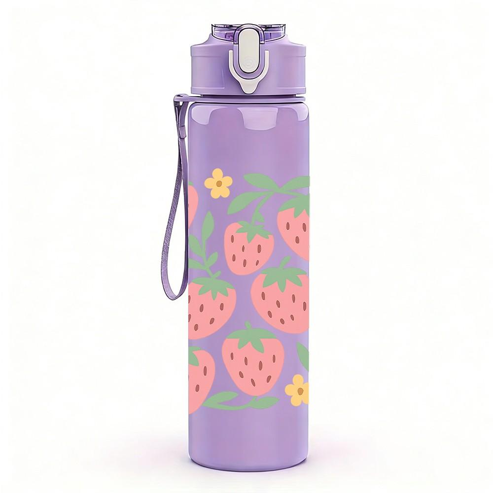1PC Fresh Strawberry Floral Pattern 750ml Color Plastic Sports Water Bottle Leakproof Flip Straw Lid Suitable for Sports Office Home Use