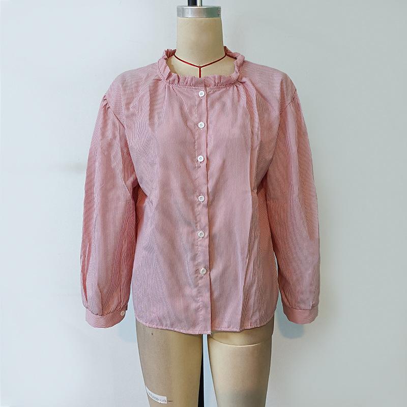 Damen Frühling Neu Gestreift Bedruckt Rundhals Holzohr Kante Western Stil Langarm Oberteil