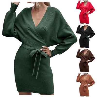 Women's Fashion Temperament Casual Sexy V-neck  Sleeve Knitted Long Sleeve Dress