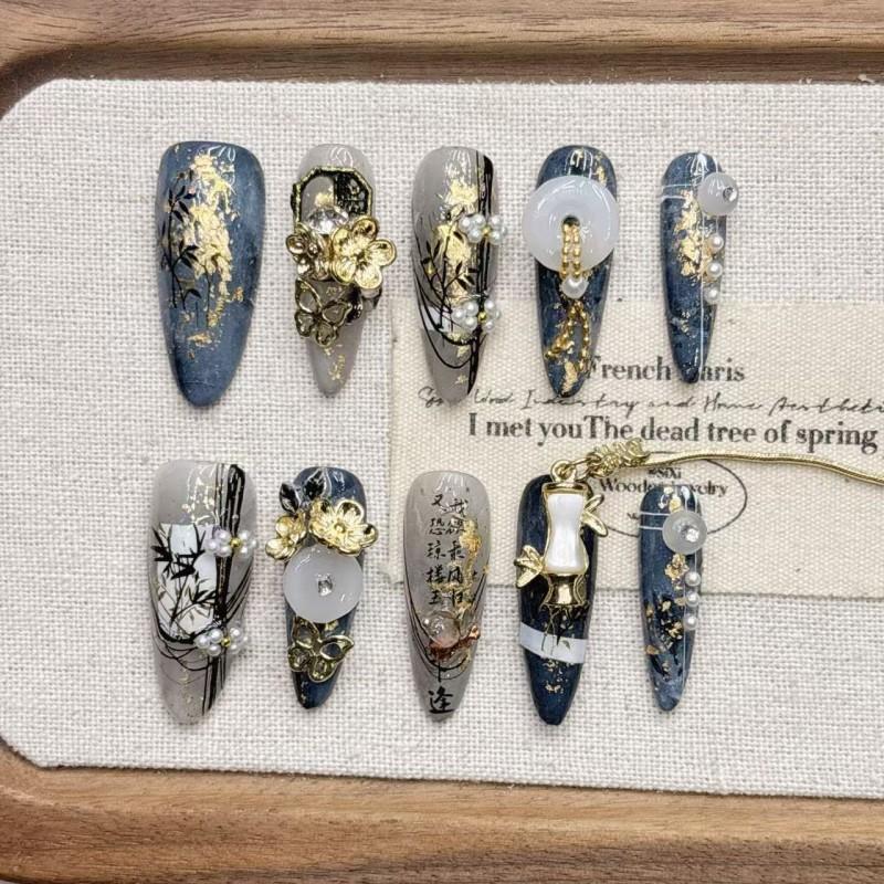 Handmade Chinese Style Press-On Nails With Tassel Detail Medium-Length Full Cover Nail Tips Women Girls