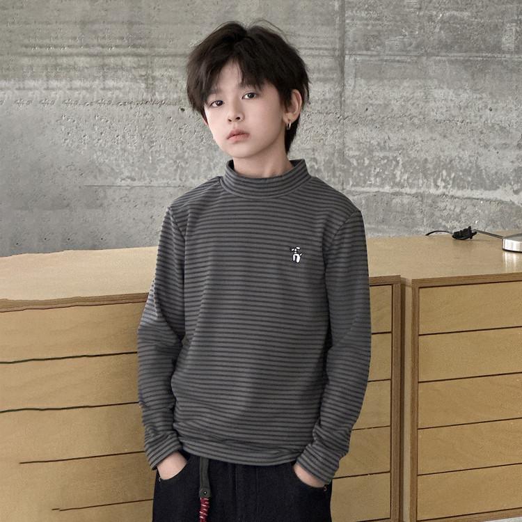 

2025 Boys Korean Style Striped Flannel Sweater, Semi-High Neck, Warm & Thick for Autumn/Winter 160 cm