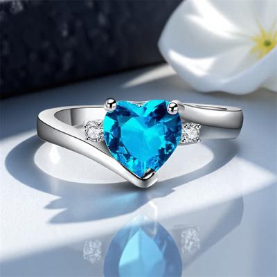 Aqua Blue Crystal Love Heart Stone Engagement Rings For Women Vintage Silver Color Wedding Bands Birthstone Jewelry Bridal Gifts