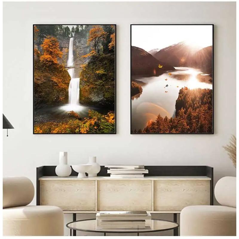 Waterfall Reed Wall Art Canvas Painting Nordic Posters And Prints Wall Pictures For Living Room Autumn Leaves Forest Deer Lake