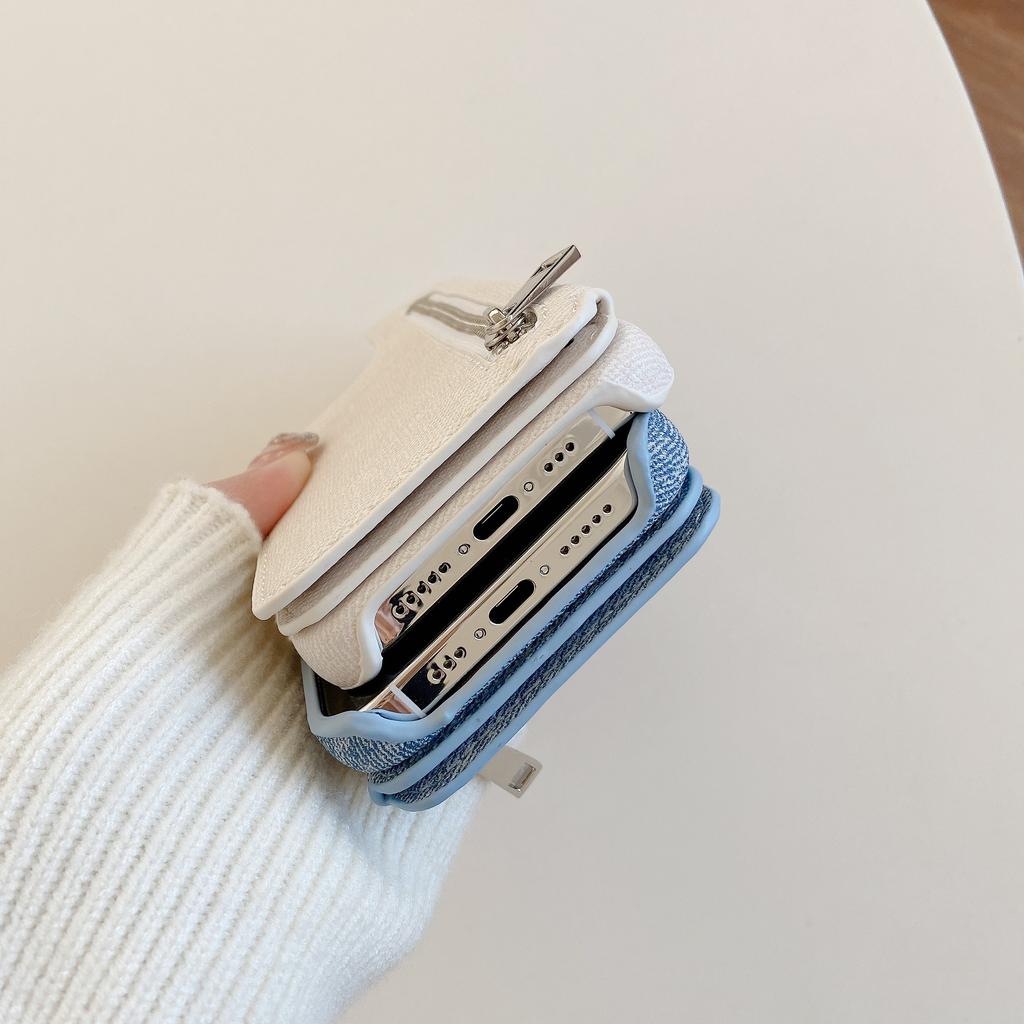 Zipper Cards Solt Wallet Denim Case for IPhone 15 Pro Max 14 Plus 13 12 Mini 11 6 7 8 SE 2025 Makeup Mirror Bag Pocket Cover