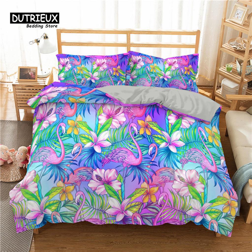 

Пододеяльник «Фламинго» из микрофибры, мягкий комплект постельного белья с принтом тропических растений и листьев, размер «king-size» для комнаты мальчика и девочки, декор EU single(135x200cm)