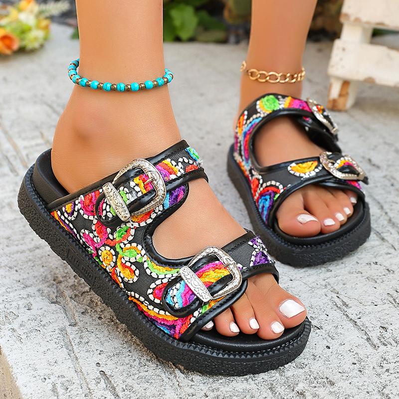 Women's Summer Bohemian Style Slippers Fashion Double Buckle Platform Sandals Woman Colorful Embroider Thick Sole Beach Slides
