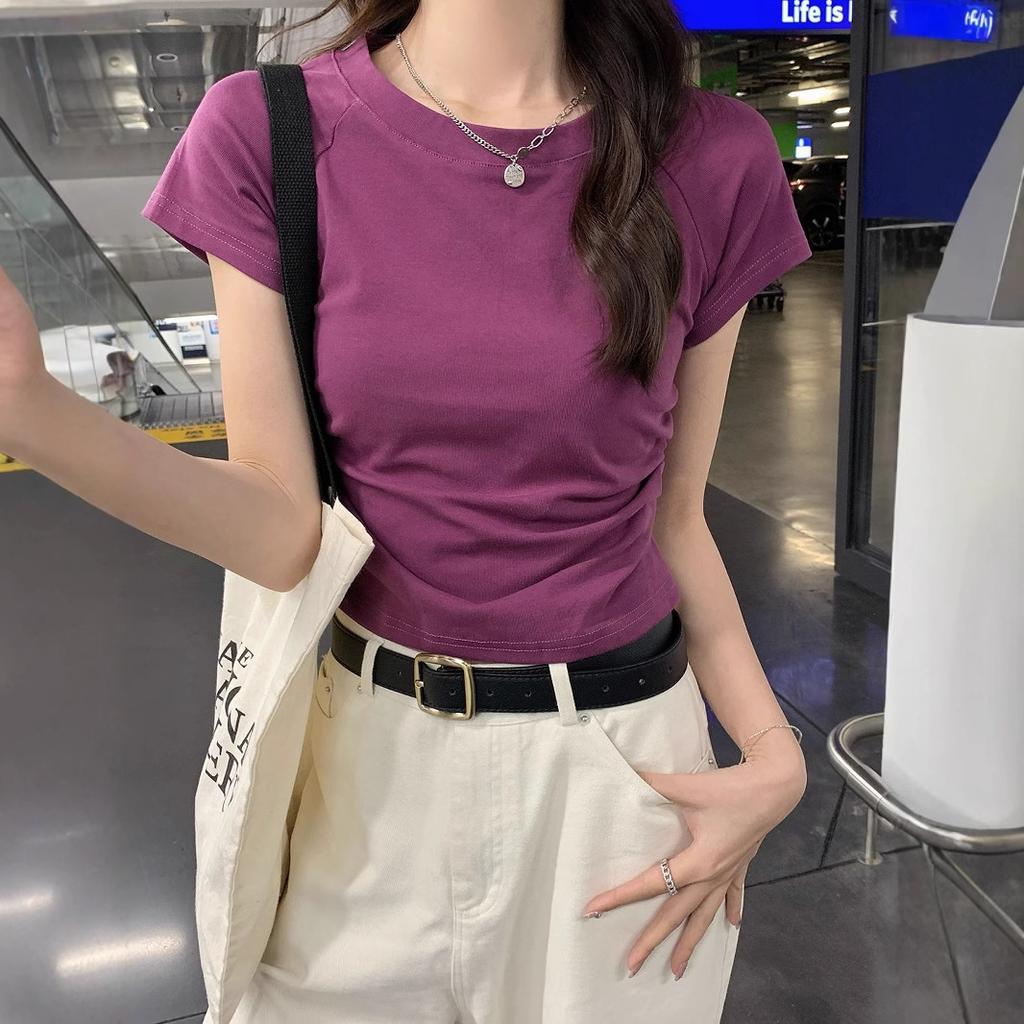 Cotton-containing Short-sleeved T-shirt New Design with Waist-hugging Slimming and Pleated Backless Short Top Solid Color Hot Girl Round Neck T-shirt