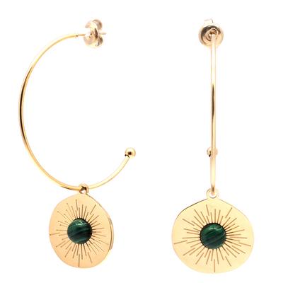 [Q5069] - Designer Steel Hoop Earrings 'Boho' Golden Green (sun) - 35 Mm - 20x18 Mm