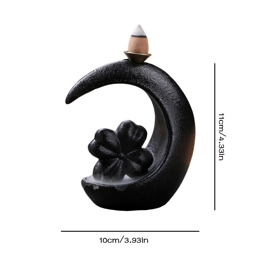 Czarny ceramiczny kadzielniczek w kształcie półksiężyca, kadzielniczek z odwróconym przepływem w kształcie księżyca z trawą szczęścia, dekoracja domu