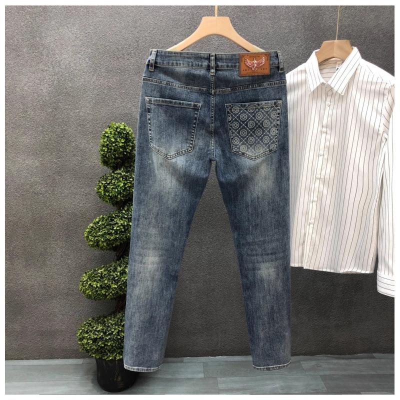 Spring and autumn new high-end printed men's jeans trendy slim-fitting small feet retro versatile men's nine-point trousers