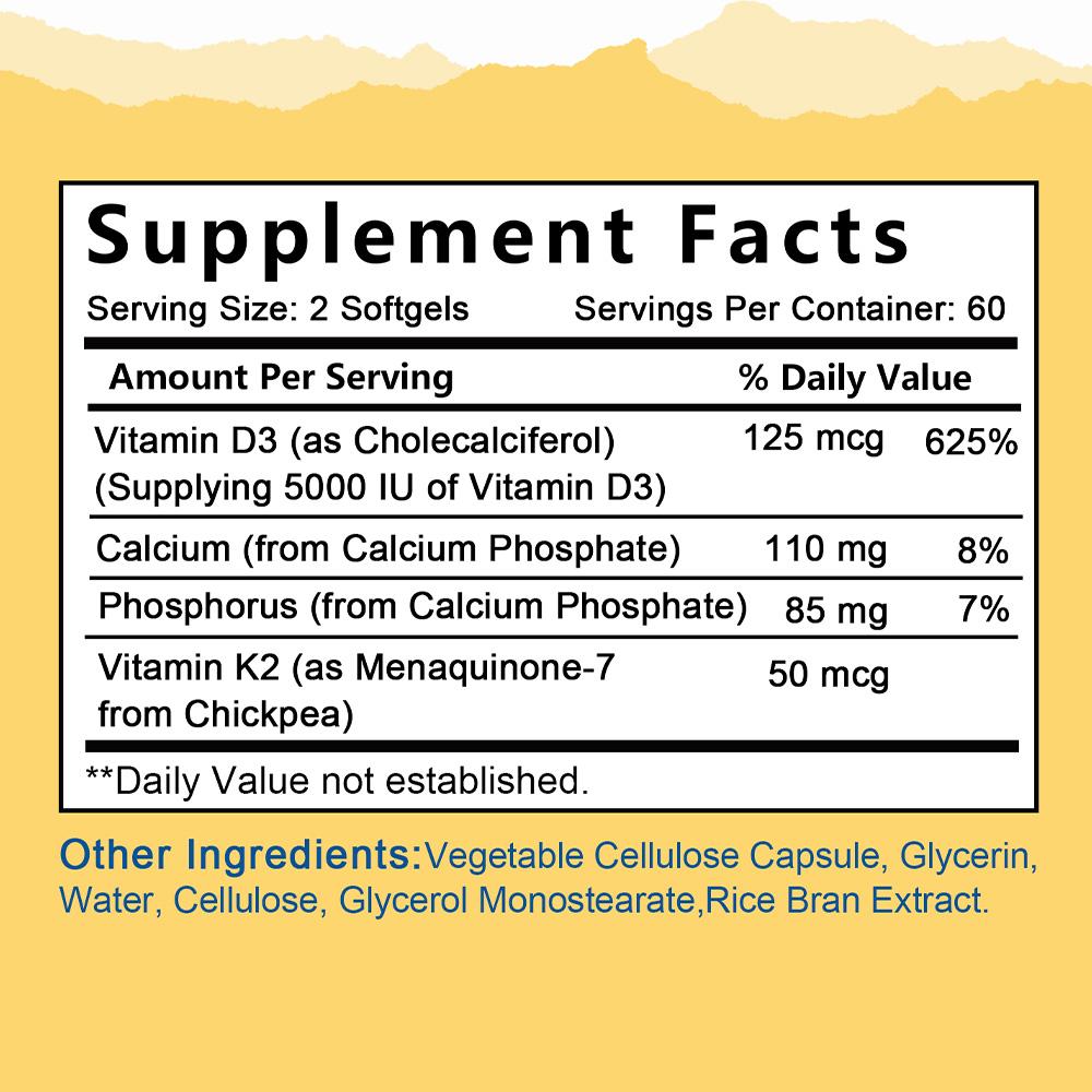 Vitamin D3 + K2 with Calcium & Phosphorus 120 Softgels Dietary Supplement