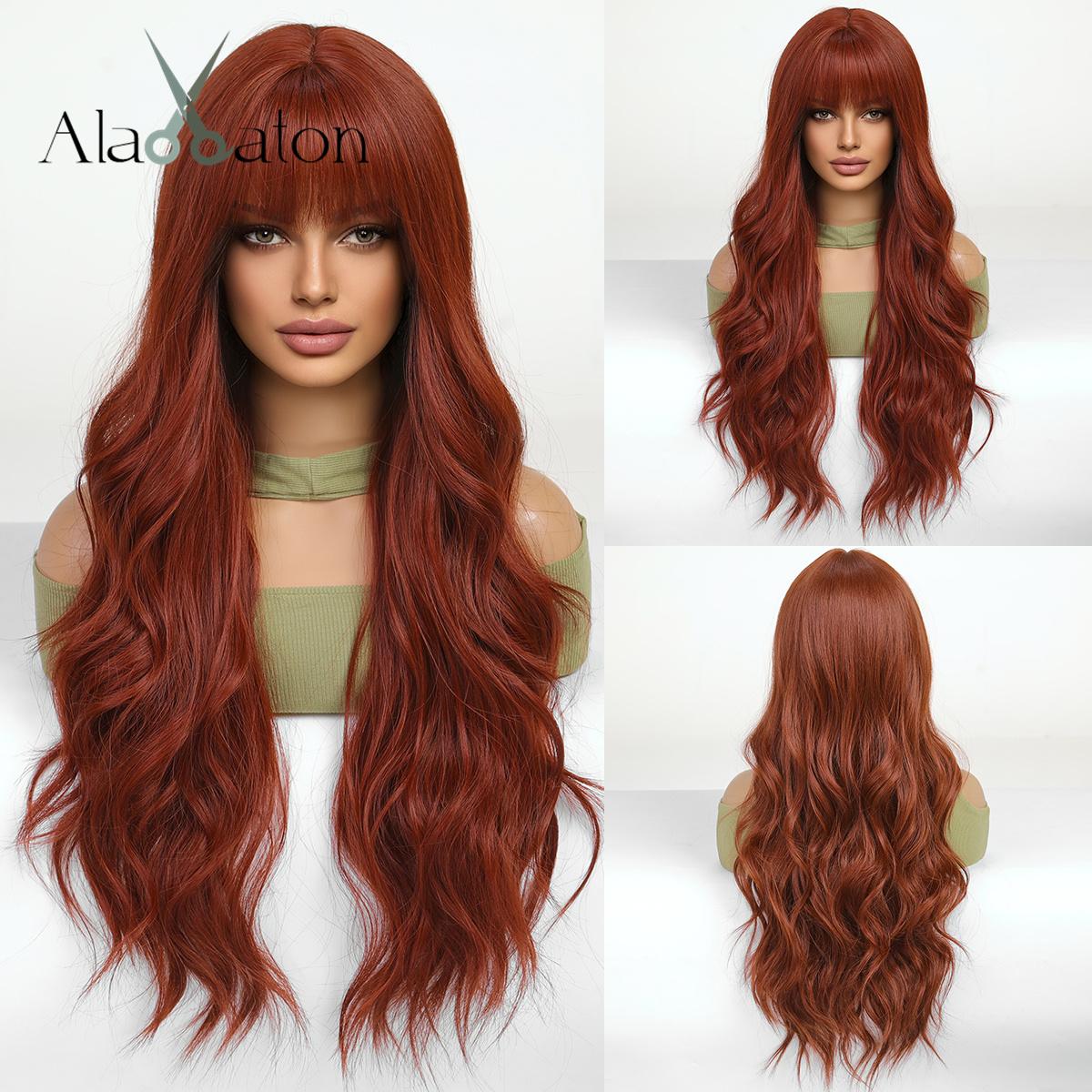 

Длинные волнистые парики ALAN EATON для чернокожих женщин, афроамериканские синтетические волосы, светло-коричневые парики с челкой, термостойкие косплей