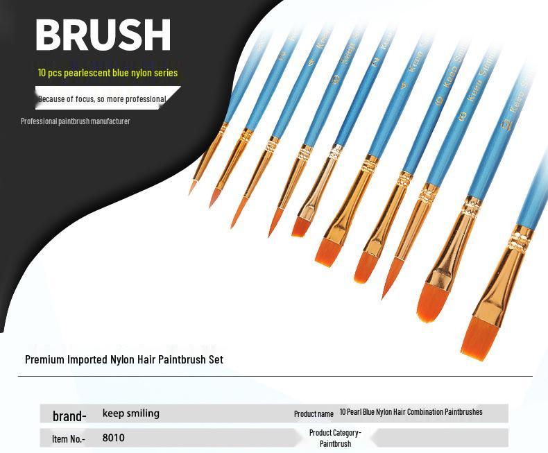 10-Piece Pearlescent Blue Nylon Paint Brush Set for Acrylic, Watercolor, and Gouache