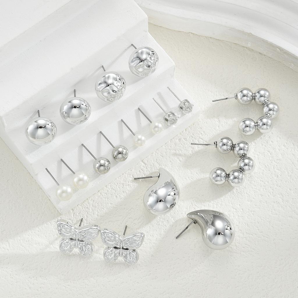 9 Pairs Bohemian Butterfly Earring Set for Women Silver Color Pearl Zircon Geometric Water Drop Earrings Daily Wear Jewelry Gift