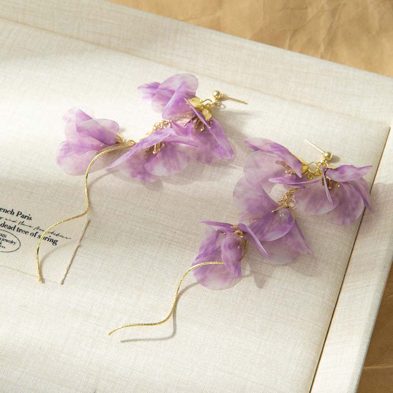 Purple Flowers Mesh Long Tassel Earrings for Women Sweet Temperament Crystal Drop Dangle Earring Party Wedding Jewelry Wholesale