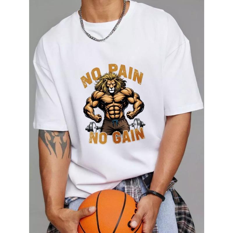 Muscle Lion T Shirt White No Pain No Gain Graphic Print Gym Workout Fitness Motivation Apparel for Men