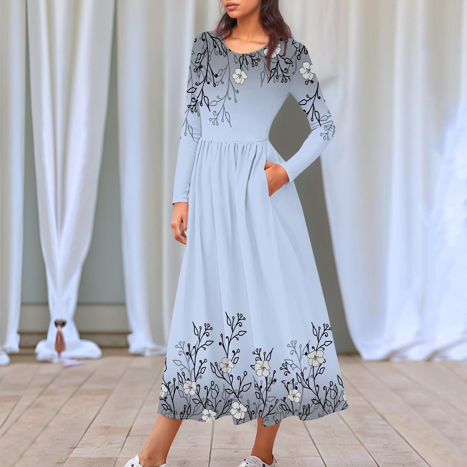 

Женское платье миди в стиле бохо с цветочным принтом и градиентом, повседневные платья с длинным рукавом, струящиеся платья со сборками и карманами, праздничные платья для женщин L