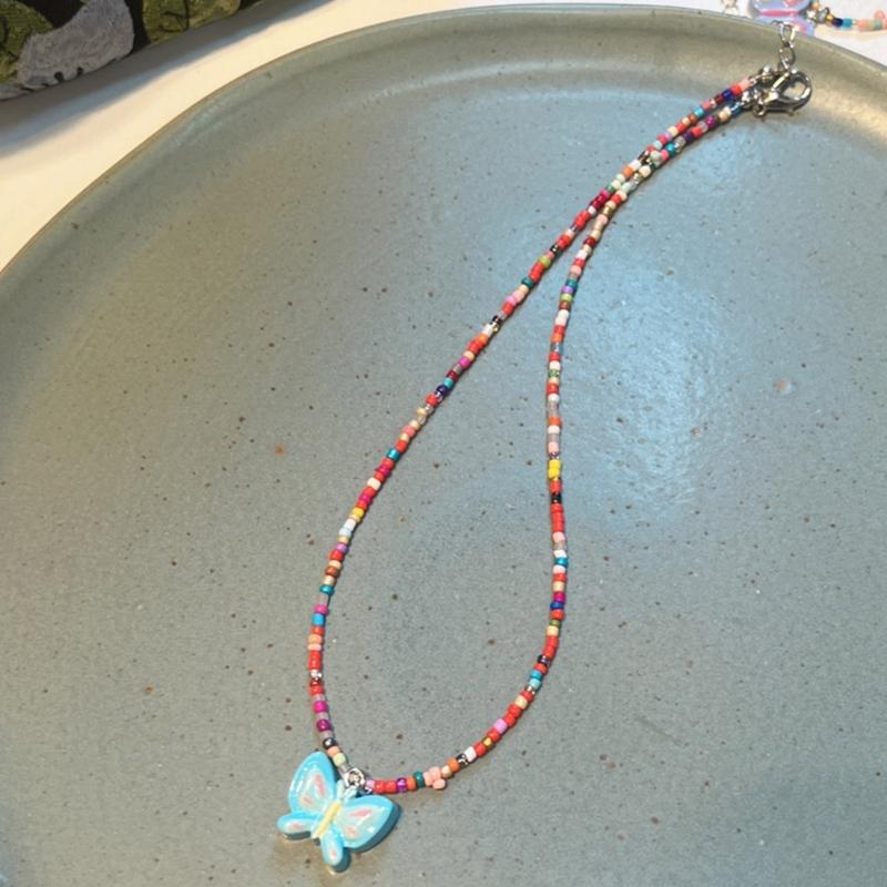 Fashionable Sweet Beads Necklace Short Choker Y2K Colorful Jewelry Pendant Necklace Rice Beads Material for Women Girls