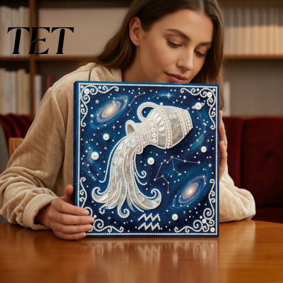 Adults Faux Pearl Painting Kit DIY Kit, 12 Constellation Rhinestone Art Set for Beginners Beginners, Handmade Wooden Frame Fake Wall Decoration