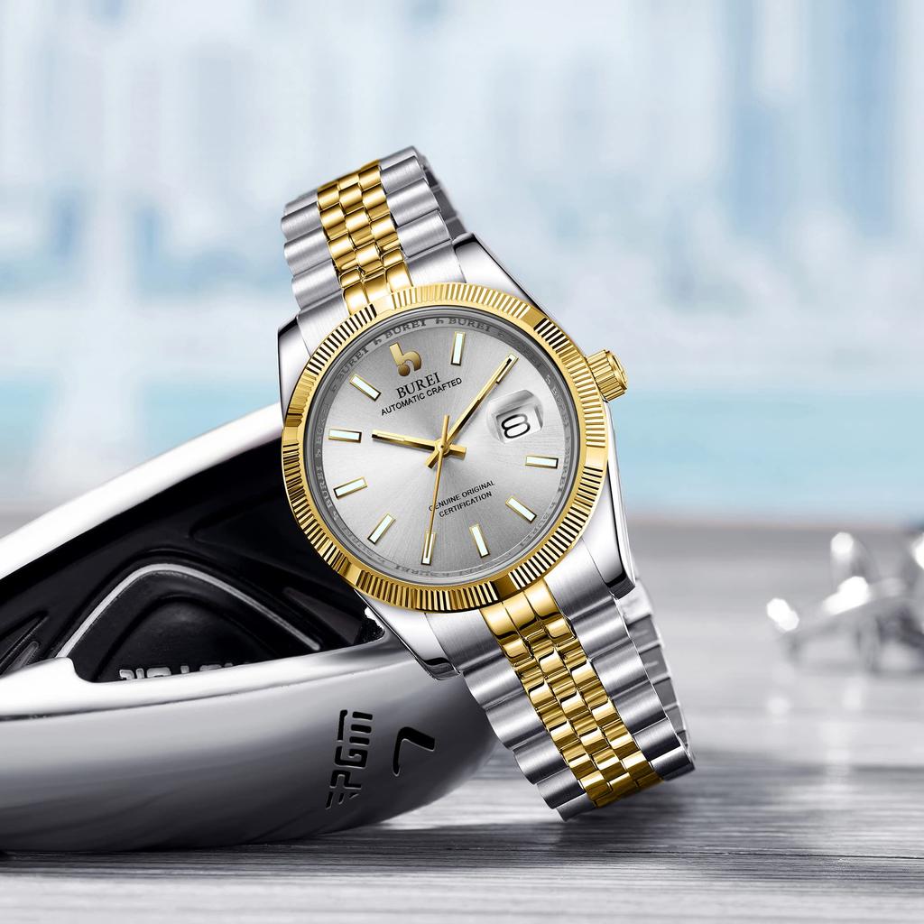 BUREI Men's Automatic Mechanical Watch Simple Business Waterproof Gold Silver White Watch for Men Fashion Gift