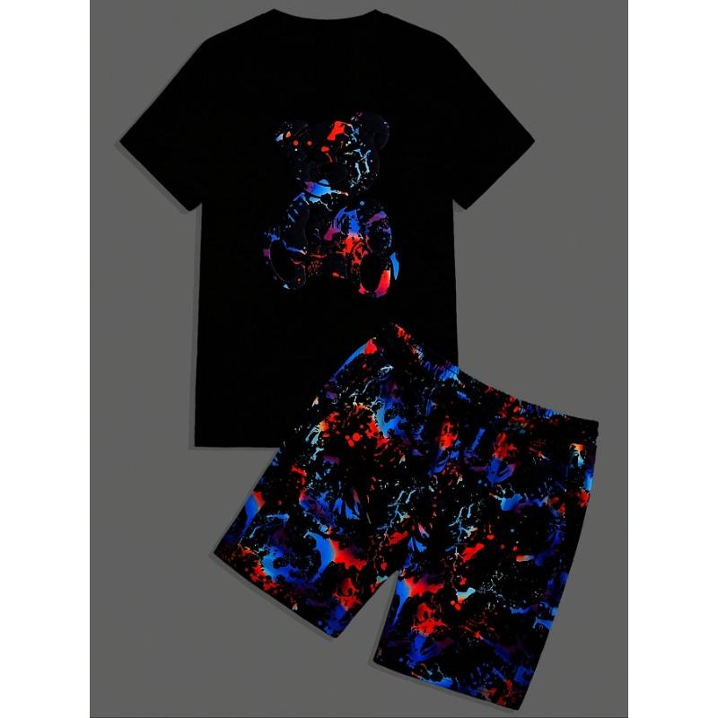 

Men s knitted reflective bear print round neck T-shirt & drawstring pants 2-piece set S