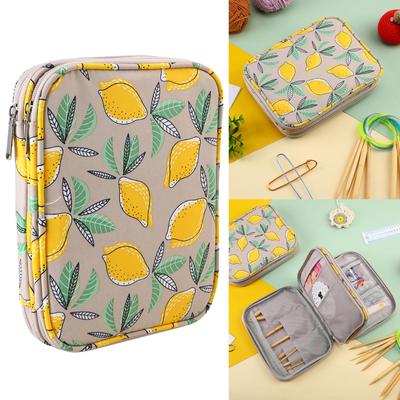 Bolsa de armazenamento de agulhas de tricô, organizador de estojo de agulhas de crochê amarelo limão com bolsos de camada dupla, estojo de armazenamento prático