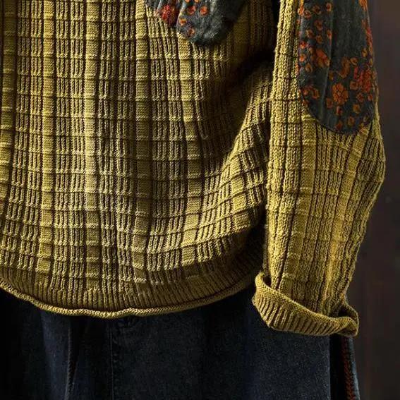 Patch Cotton Knit Sweater Women's Loose Lazy Large Size Meat-covering Spring and Autumn Retro Casual Round Neck Long-sleeved Top