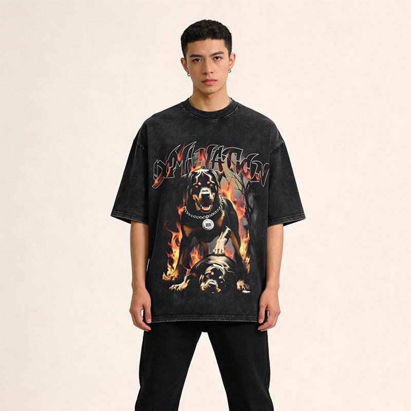 Heavy Weight Cotton Short-Sleeved T-Shirt High-Quality Digital Direct Injection Printing Half-Sleeved Washed Vintage T-Shirt