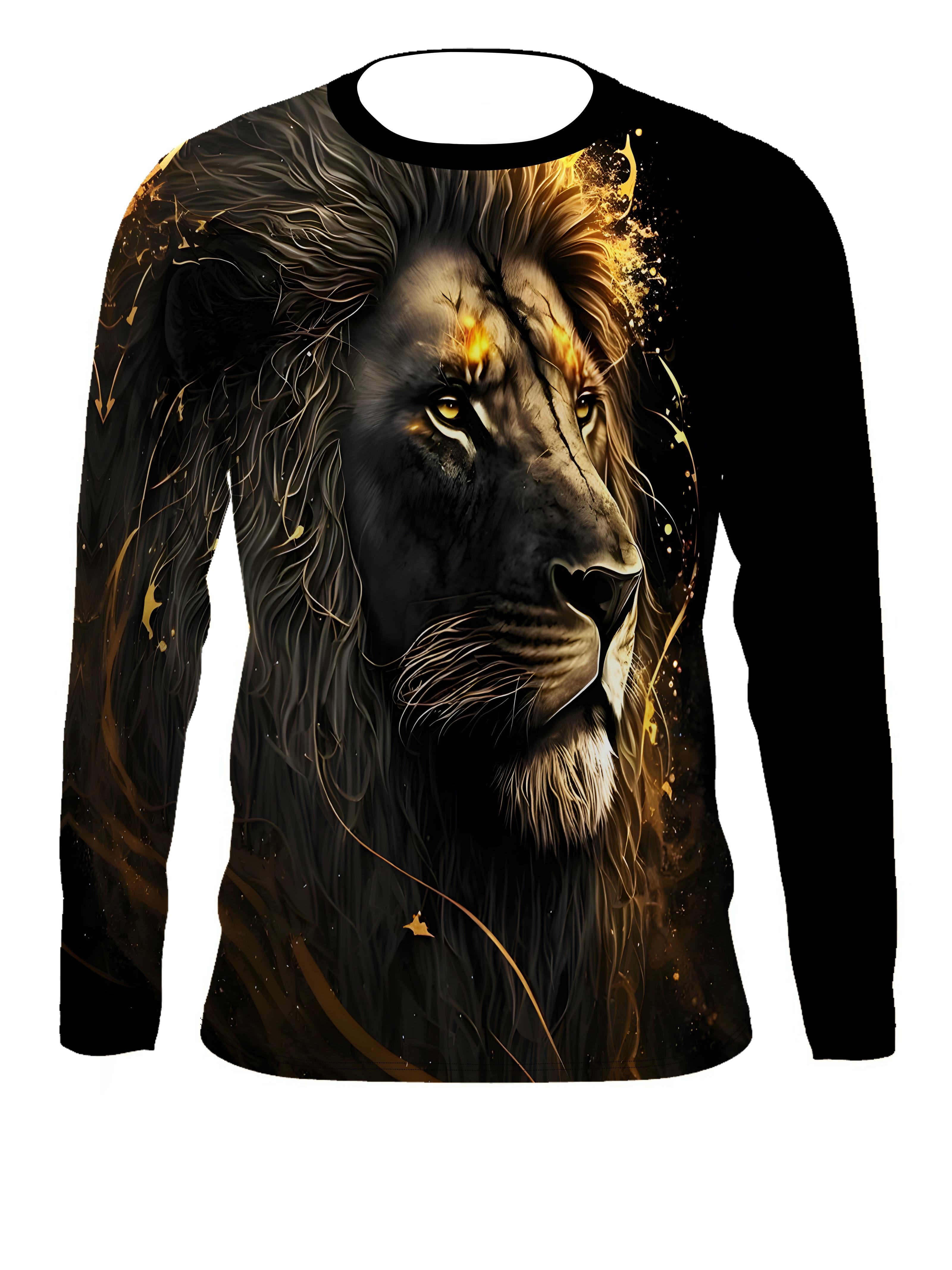 Men s Lion 3D Print Long Sleeve T-Shirt - Casual and comfortable, crew neck, stretch fabric, machine washable S