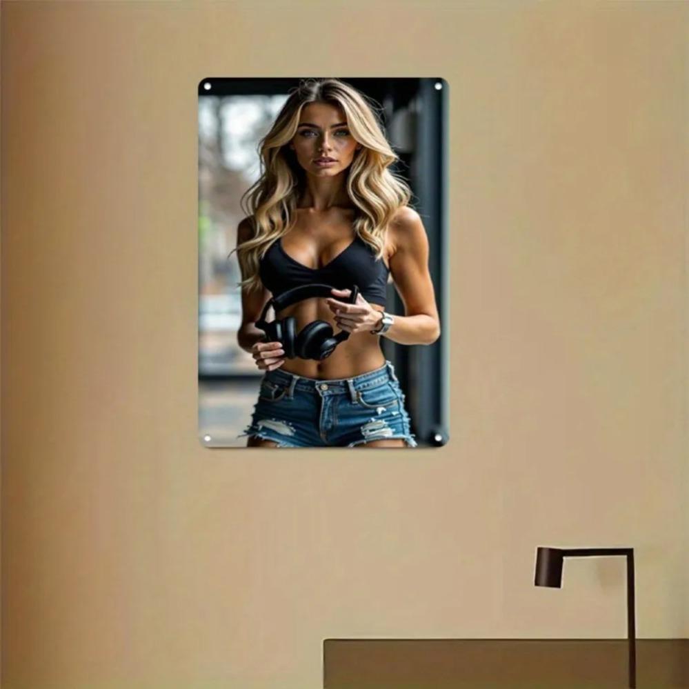 Hisun Tin Sign HD Metal Tin Sign Fitness Blonde Model with Headphones Urban Sporty Portrait Wall Art Decor