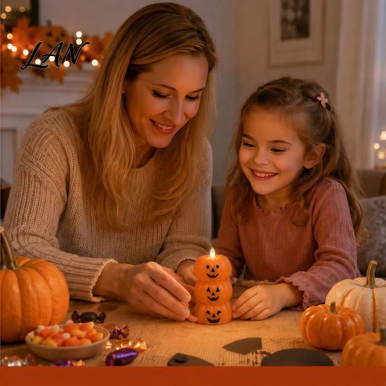 Realistic Flame LED Candle Halloween 3 Tier Stacked Pumpkin Light, Flickering Flameless Lanterns Candle, Battery Operated Fake Pillar for Home