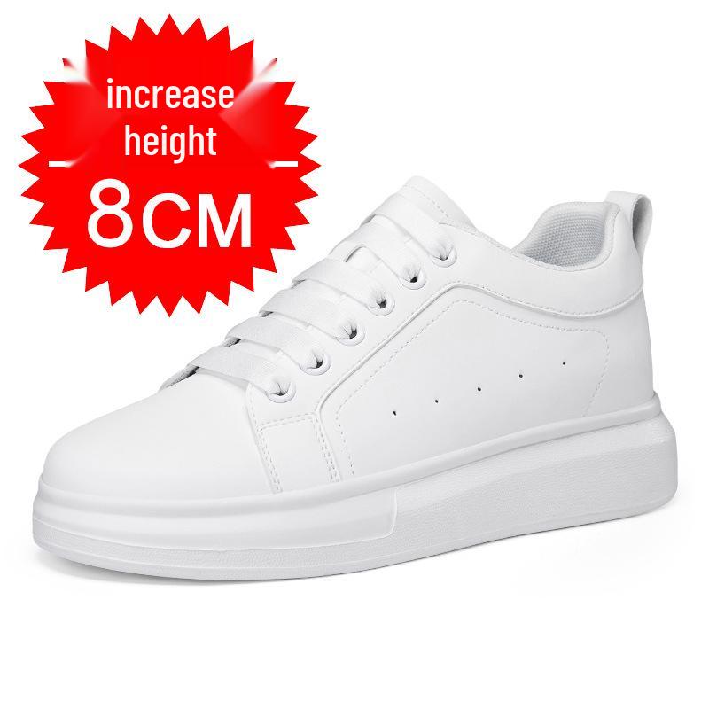 Men's White Height-Increasing Sneakers with Thick Sole, Invisible Inner Lift, and Casual Style, Large Sizes Available, 10cm Boost.