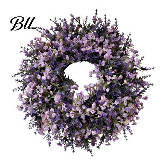 Décoration Lavande Fausse Couronne Artificielle pour Porte d'Entrée Printemps Été Arrangement de Fleurs Simulées Violettes Fausses Mur Intérieur Extérieur Porche Fenêtre