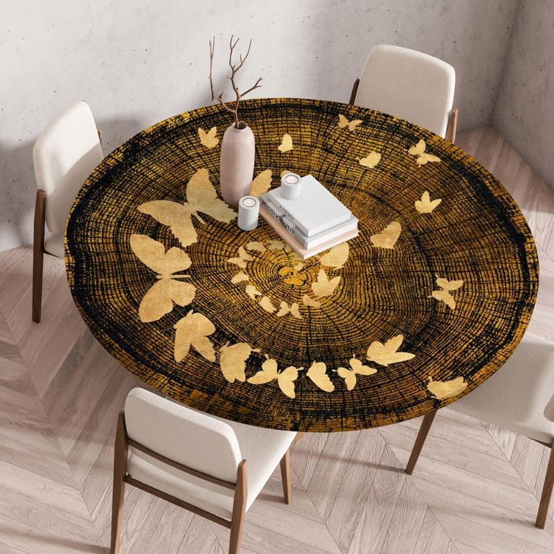 Waterproof Oil-Proof Reusable Tablecloths Round Tablecloth Wood Texture Tablecloths Elastic Fitted Home Round Table Cover