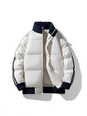 Men's Winter Color Block Stand Collar Jacket: Thick, Warm, Trendy, Versatile, and Casual Striped Outerwear for Couples