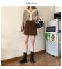 Plus Size Women's Coffee Corduroy A-line Skirt - Autumn/Winter Hip-Hugging Retro Brown Short Skirt